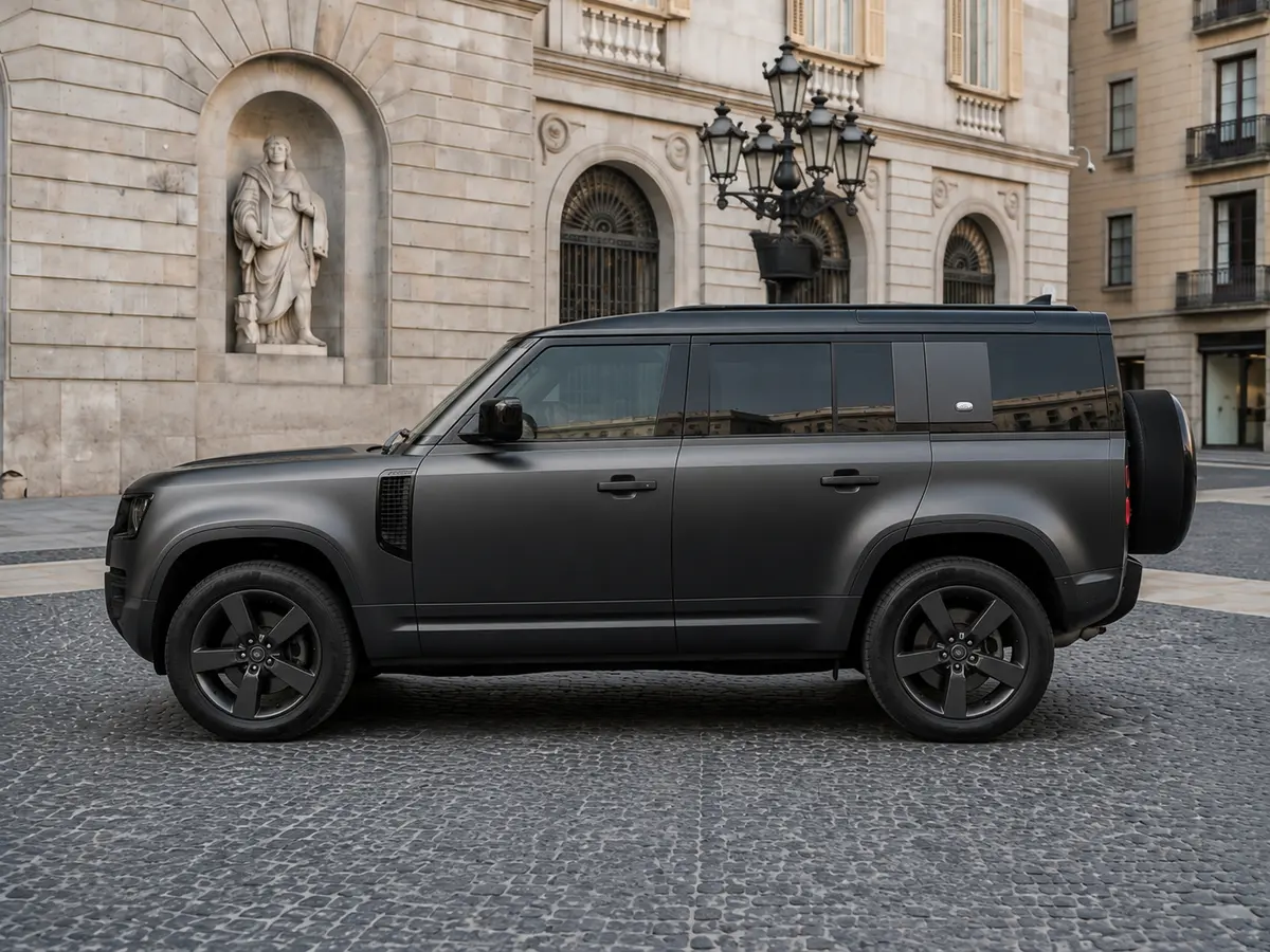 Land Rover Defender 2024, exterior — Rome Luxury Car Rental, Roma. El Land Rover Defender 2024 combina la robustez de un todoterreno con un habitáculo de…