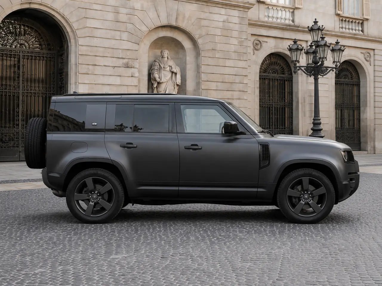 Land Rover Defender 2024, vista frontale — Rome Luxury Car Rental, Roma. Il Land Rover Defender 2024 è la scelta giusta quando il gruppo cresce e il bagagliaio…