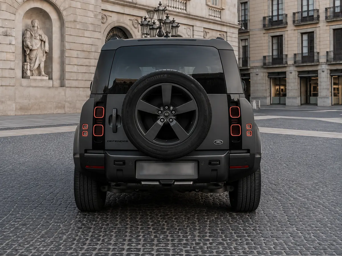 Land Rover Defender 2024, vista trasera — Rome Luxury Car Rental, Roma. El Land Rover Defender 2024 combina la robustez de un todoterreno con un habitáculo de…