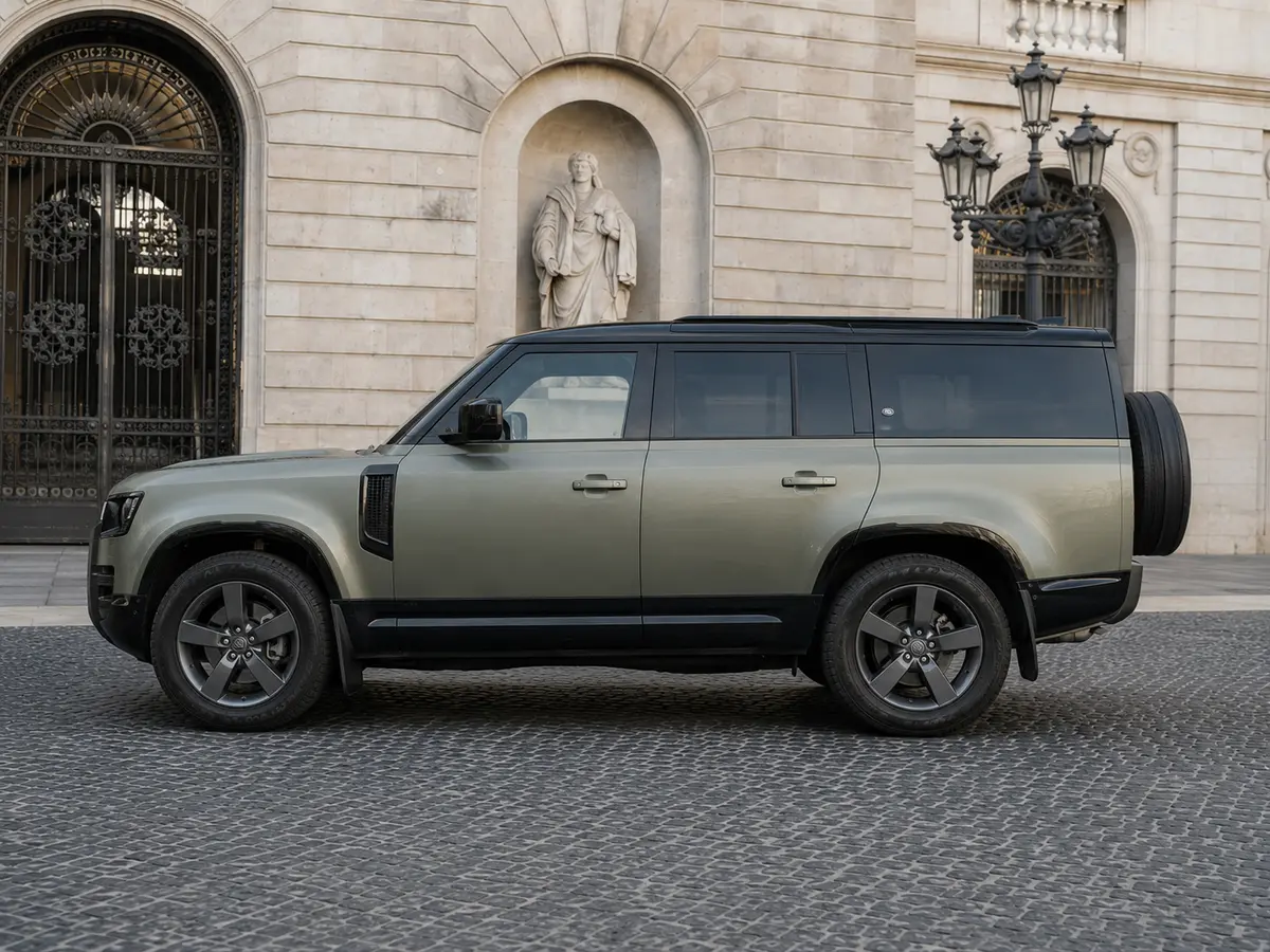 Land Rover Defender X-Dynamic 7 seater 2024, esterno — Rome Luxury Car Rental, Roma. Il Land Rover Defender X-Dynamic a sette posti porta su strada la sostanza tipica del…