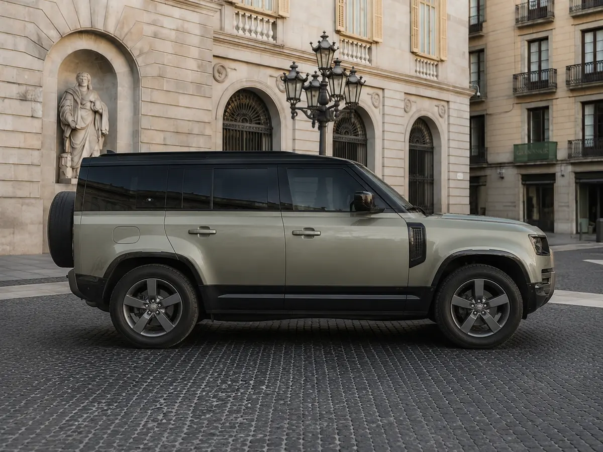 Land Rover Defender X-Dynamic 7 seater 2024, vista frontale — Rome Luxury Car Rental, Roma. Il Land Rover Defender X-Dynamic a sette posti porta su strada la sostanza tipica del…