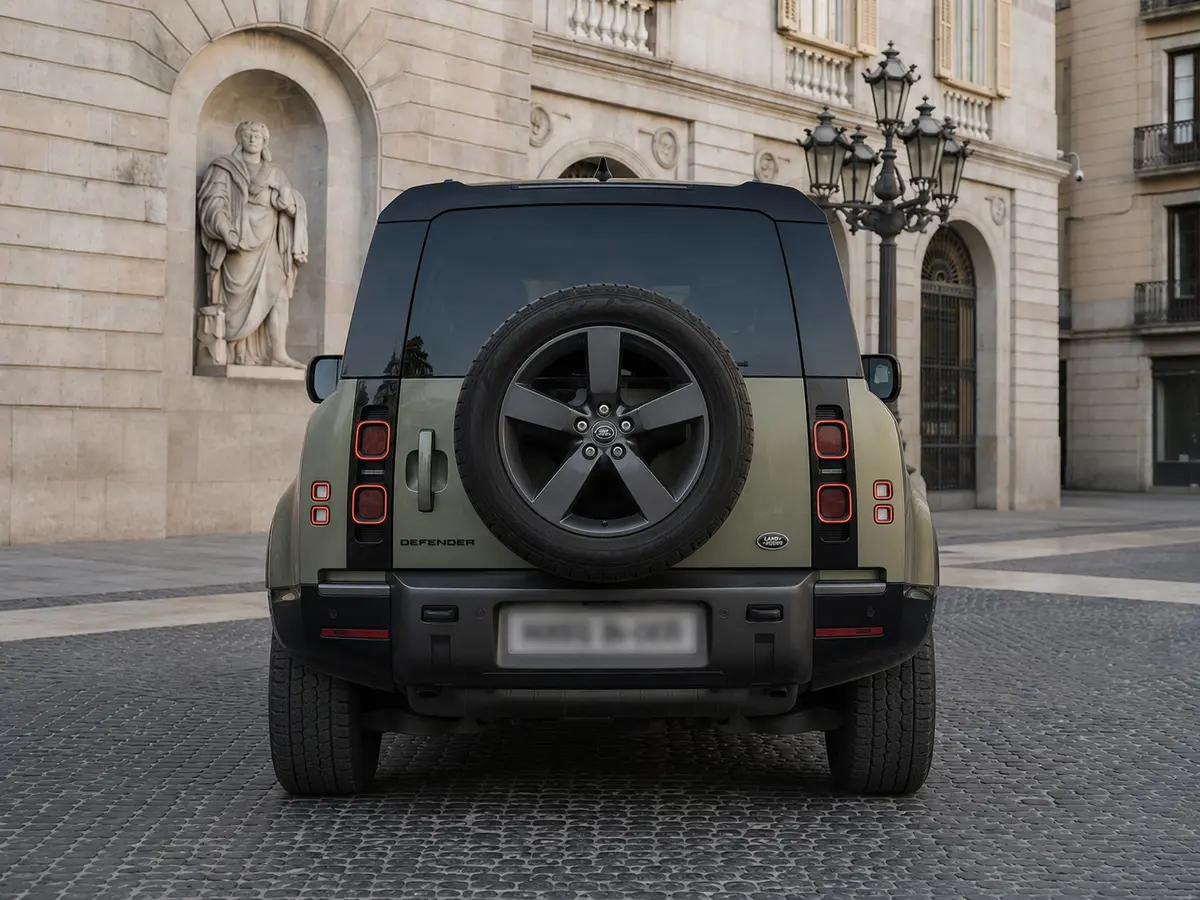 Land Rover Defender X-Dynamic 7 seater 2024, vista posteriore — Rome Luxury Car Rental, Roma. Il Land Rover Defender X-Dynamic a sette posti porta su strada la sostanza tipica del…