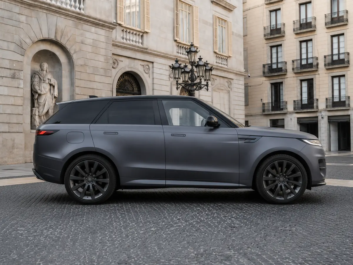 Land Rover Range Rover Sport Dynamic SE 2025, вид спереди — Rome Luxury Car Rental, Рим. 2025 Range Rover Sport Dynamic SE сочетает 360 л.с. с посадкой на пять человек и ровным,…