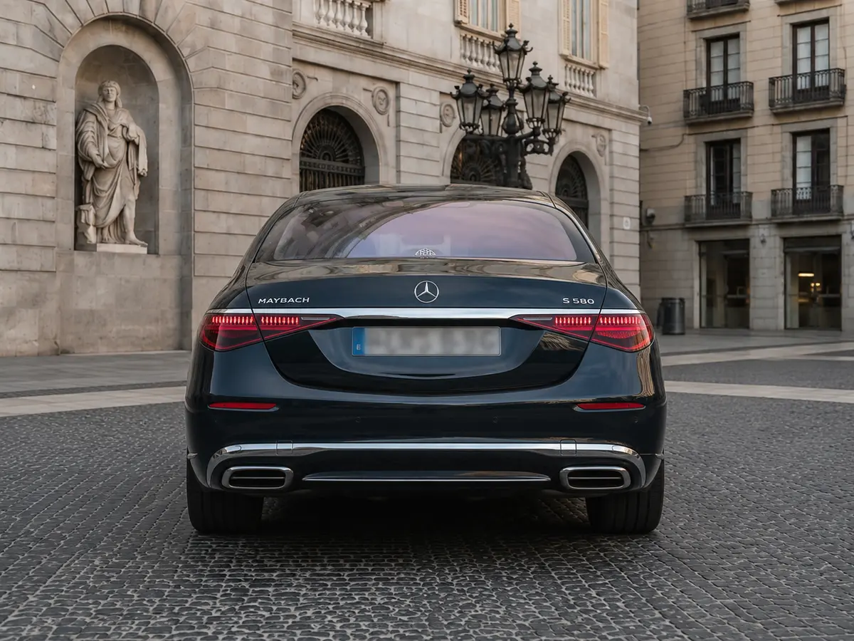Maybach S580 2023, rear view — Rome Luxury Car Rental, Rome. The 2023 Maybach S580 is built for the rear seat as much as the driver's. With 503 hp…