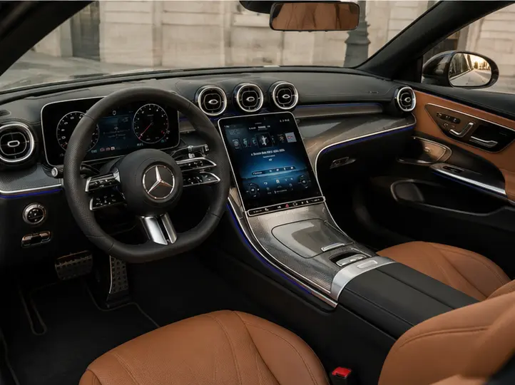 Mercedes Benz CLE 300 Cabriolet AMG Premium 2025, interni — Rome Luxury Car Rental, Roma. La Mercedes Benz CLE 300 Cabriolet AMG Premium, edizione 2025, è una decappottabile…