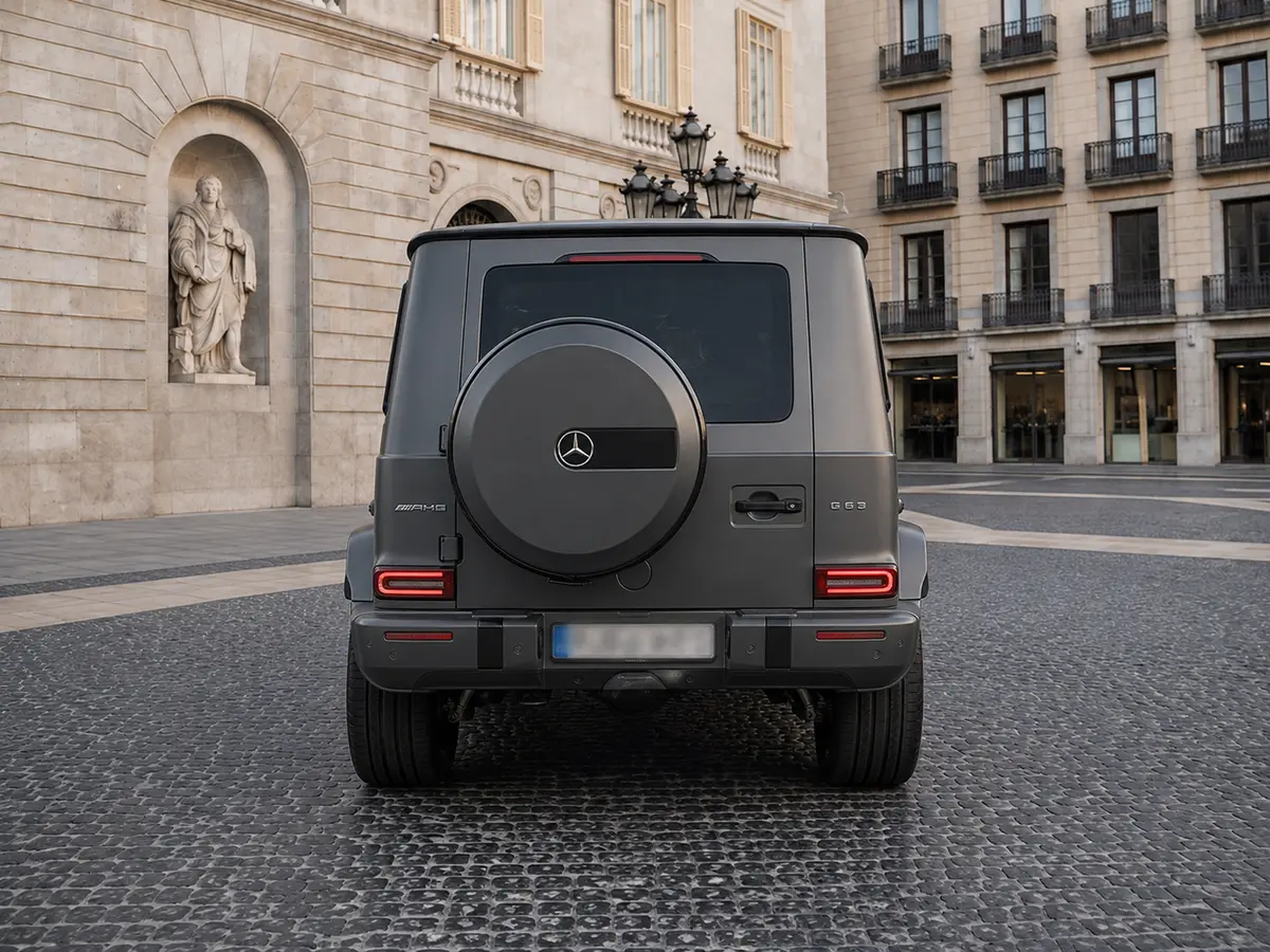 Mercedes Benz G63 2023, vista frontale — Rome Luxury Car Rental, Roma. La Mercedes-Benz G63 del 2023 non passa inosservata: linee squadrate, cofano alto, una…