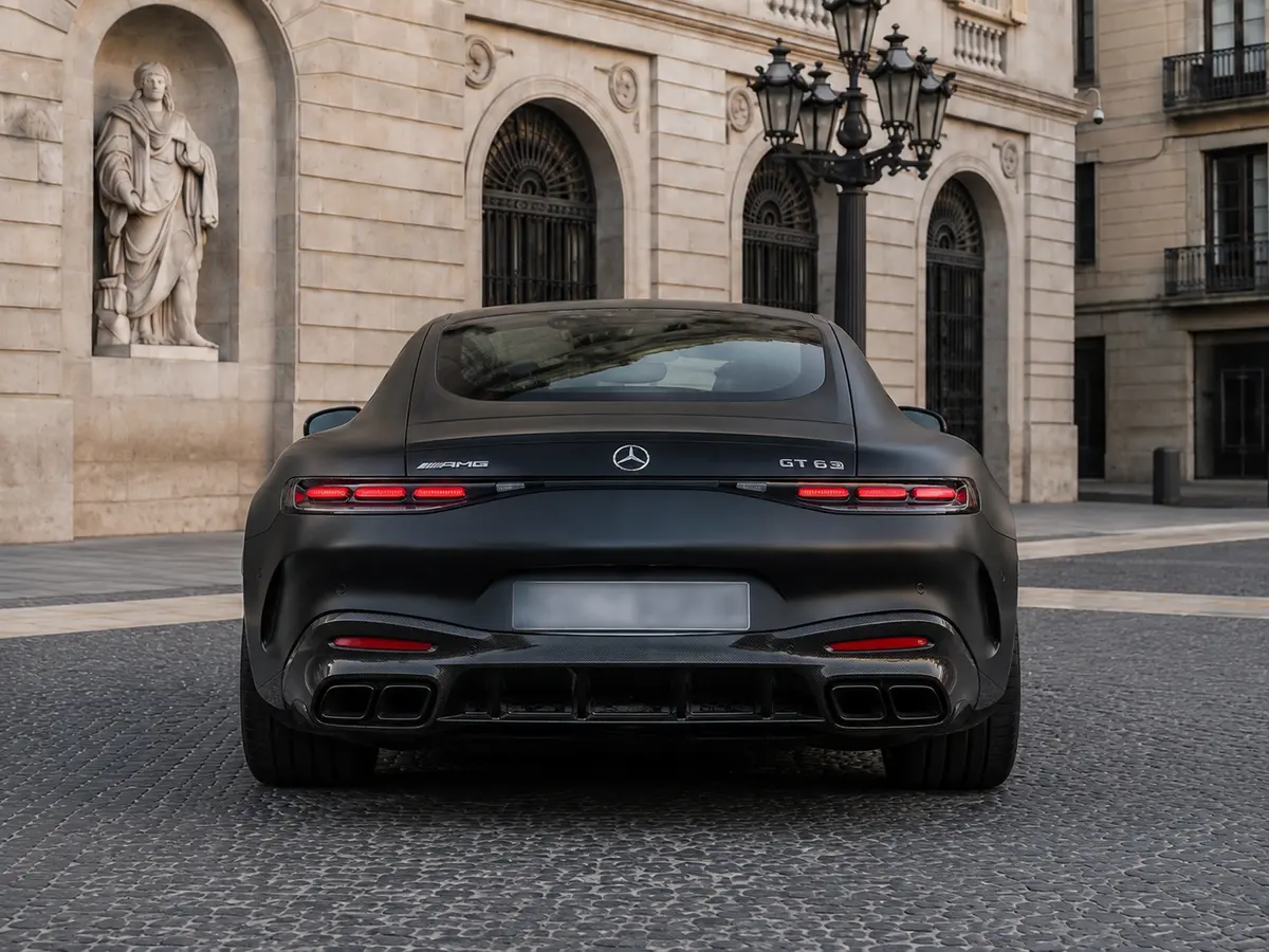 Mercedes Benz GT63 AMG Coupe 2024, vista posteriore — Rome Luxury Car Rental, Roma. La Mercedes-Benz GT63 AMG Coupé 2024 è una gran turismo a due posti pensata per chi cerca…