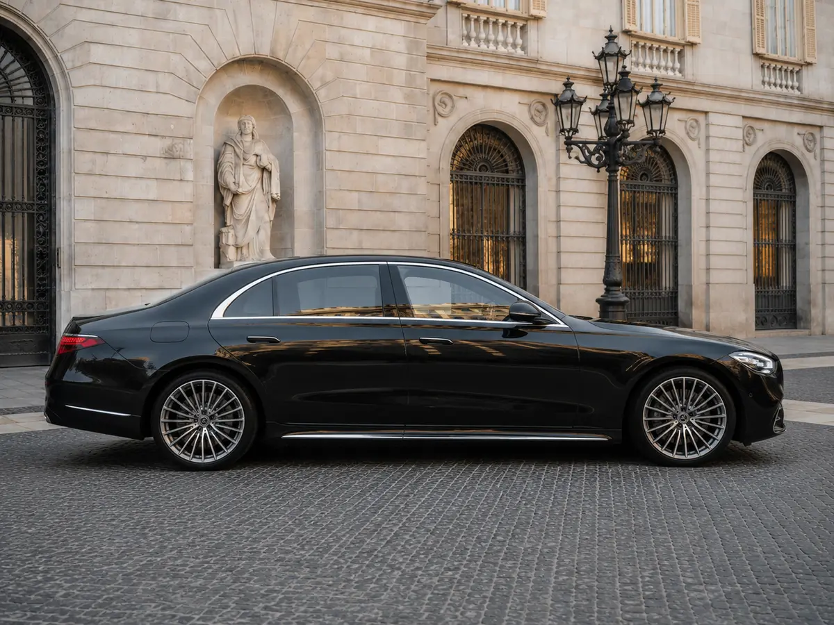 Mercedes Benz S-klasse S400 Long 4-Matic 2023, вид спереди — Rome Luxury Car Rental, Рим. Mercedes-Benz S-Klasse S400 Long 4-Matic 2023 года — это версия с увеличенной базой, где…