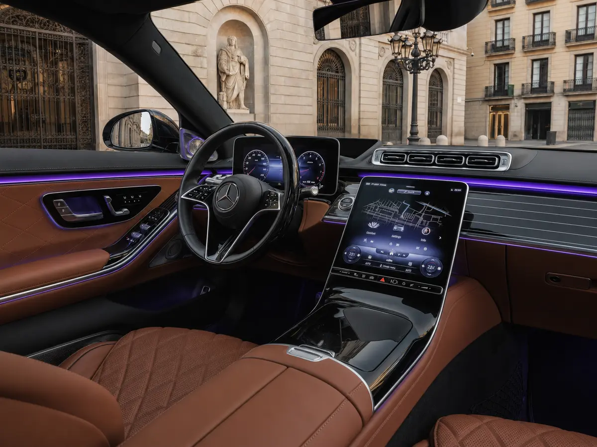 Mercedes Benz S-klasse S400 Long 4-Matic 2023, салон — Rome Luxury Car Rental, Рим. Mercedes-Benz S-Klasse S400 Long 4-Matic 2023 года — это версия с увеличенной базой, где…