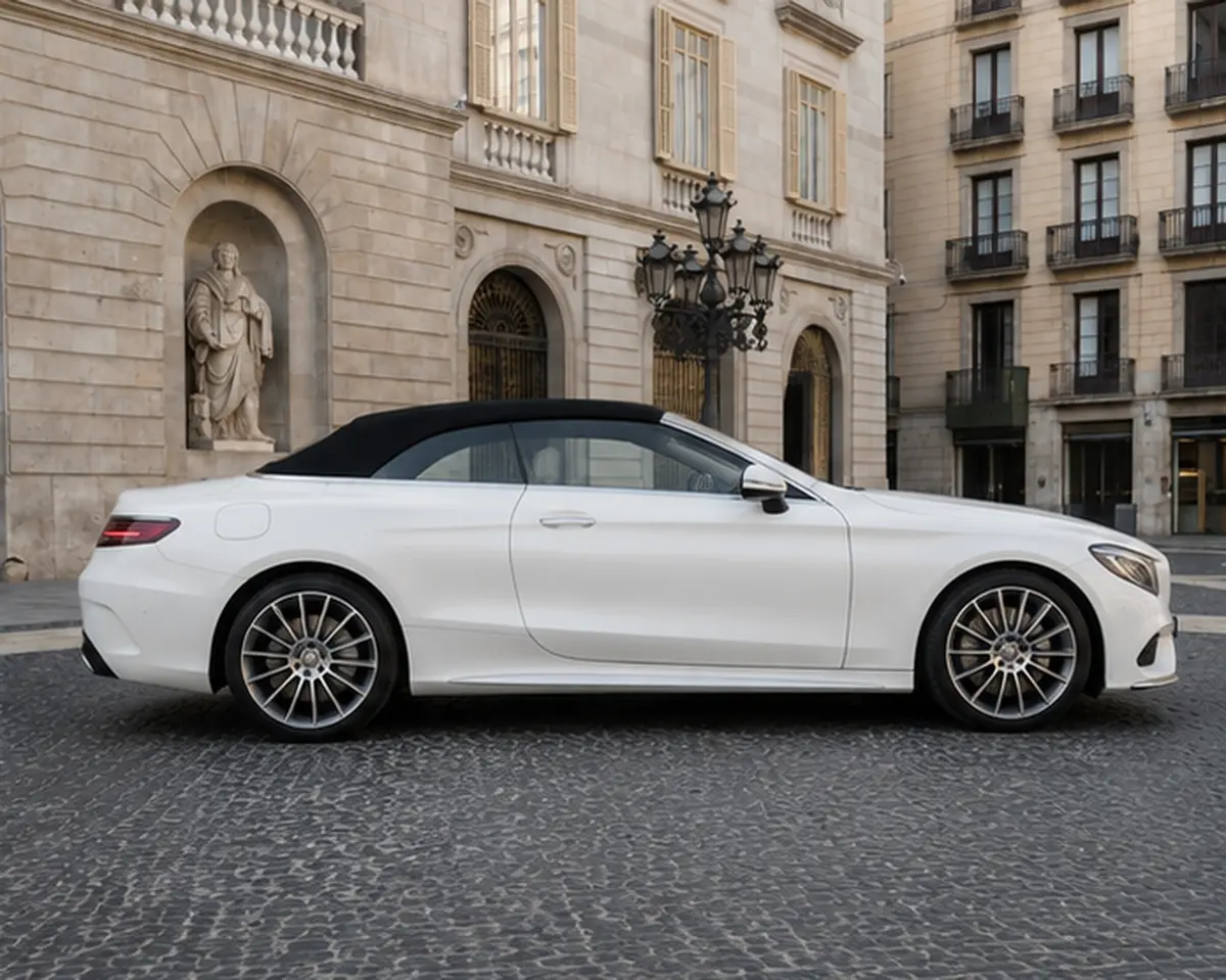 Mercedes Benz S560 Cabrio 2021, front view — Rome Luxury Car Rental, Rome. The S560 Cabrio pairs Mercedes-Benz's flagship comfort with open-air presence, its 469 hp…
