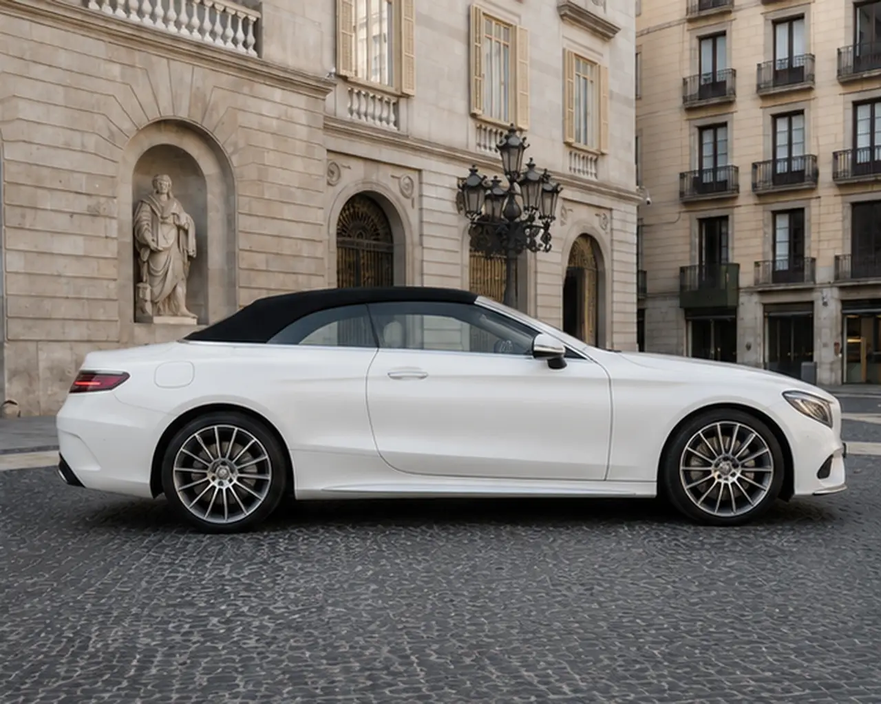 Mercedes Benz S560 Cabrio 2021, front view — Rome Luxury Car Rental, Rome. The S560 Cabrio pairs Mercedes-Benz's flagship comfort with open-air presence, its 469 hp…