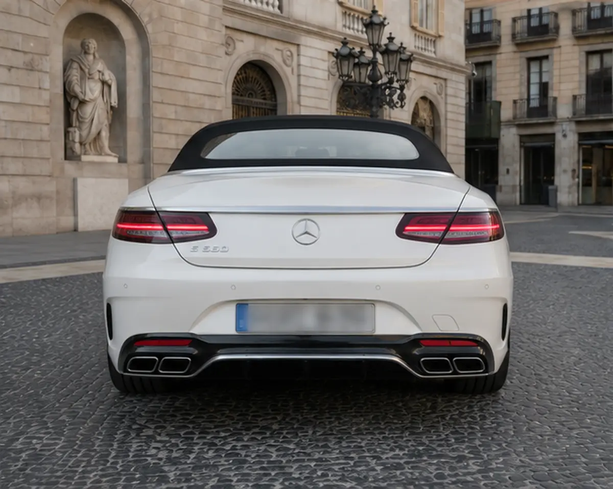 Mercedes Benz S560 Cabrio 2021, rear view — Rome Luxury Car Rental, Rome. The S560 Cabrio pairs Mercedes-Benz's flagship comfort with open-air presence, its 469 hp…