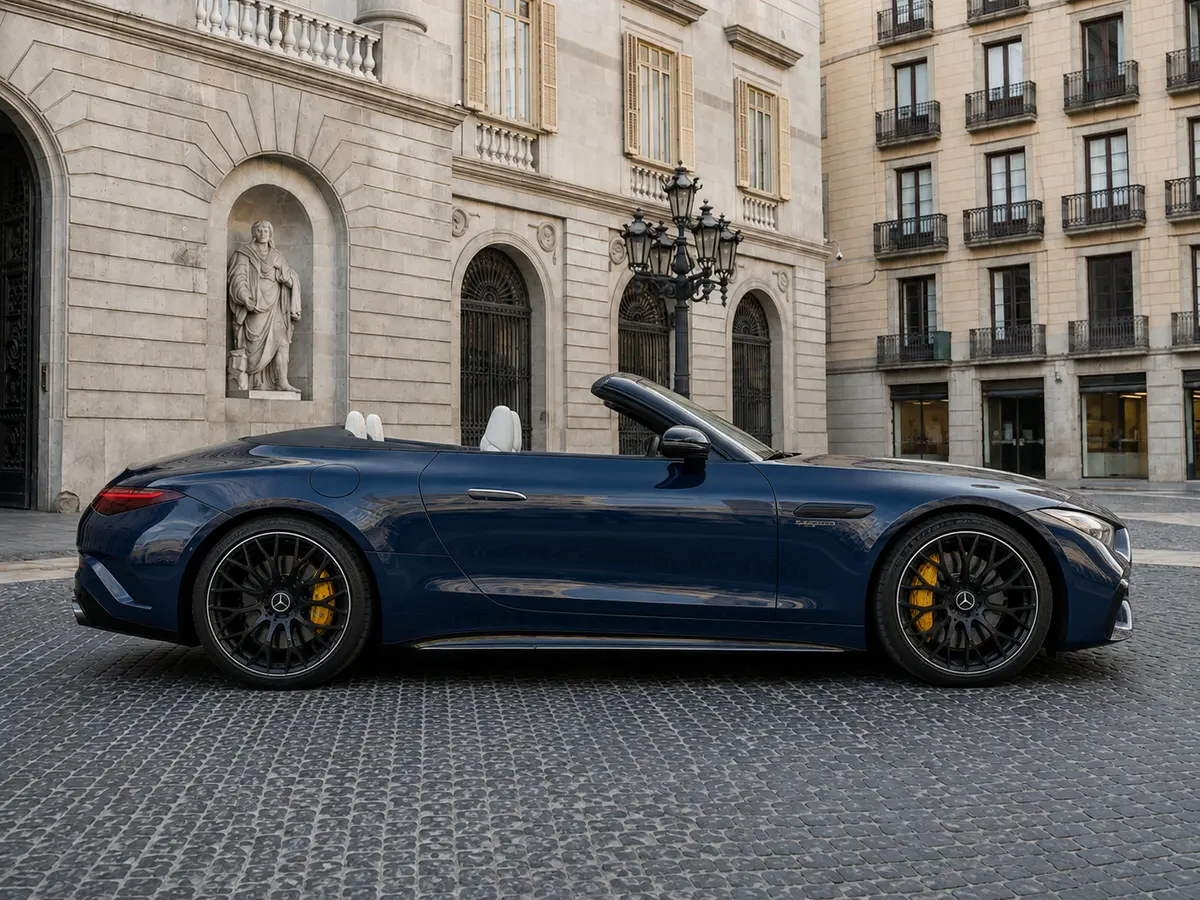 Mercedes Benz SL 63 AMG 2025, vista frontale — Rome Luxury Car Rental, Roma. La Mercedes-Benz SL 63 AMG 2025 racchiude in una carrozzeria cabriolet la doppia natura…