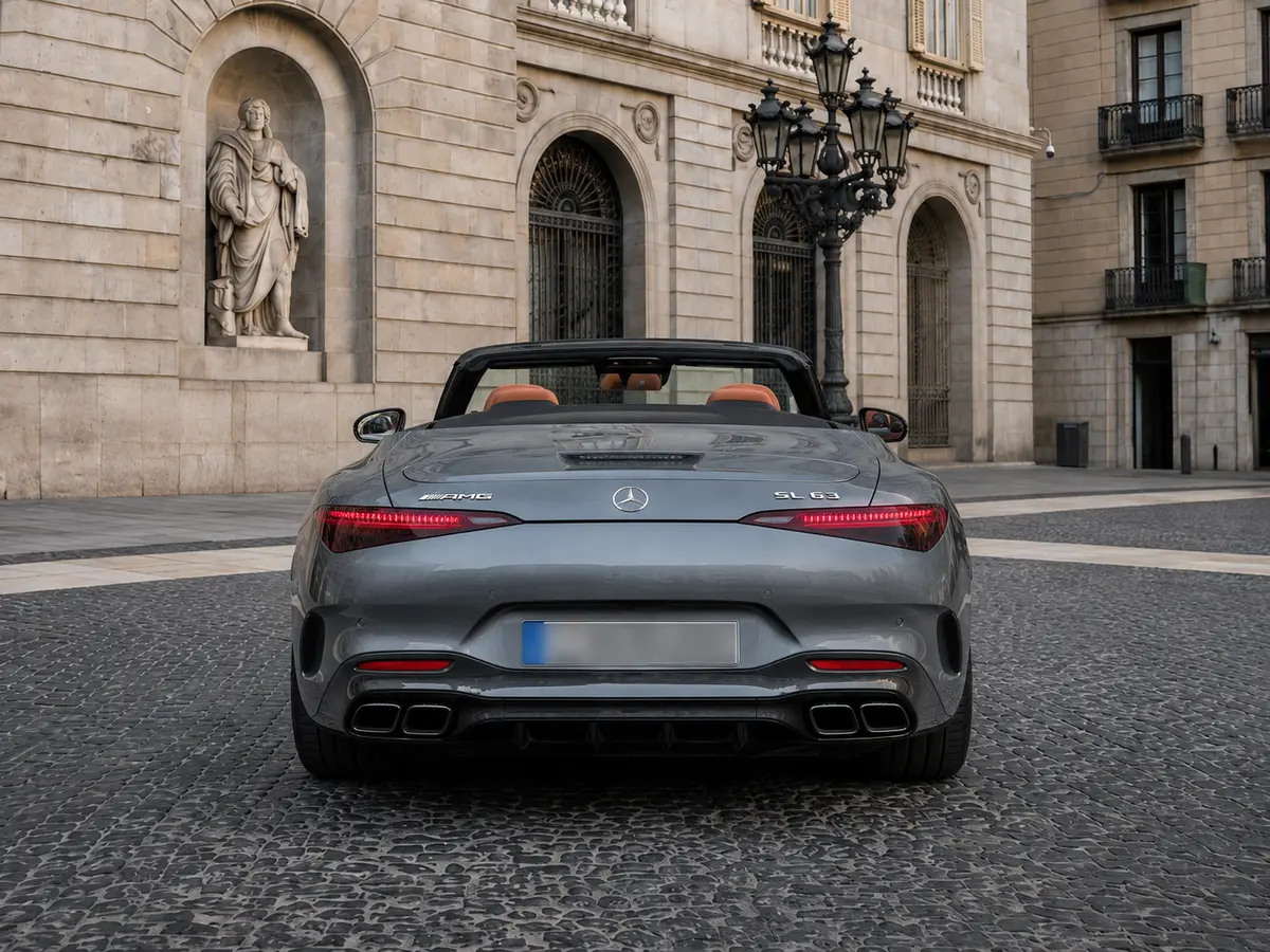 Mercedes Benz SL63 Cabrio 2023, vista trasera — Rome Luxury Car Rental, Roma. El Mercedes Benz SL63 Cabrio de 2023 combina la potencia de un motor de 585 CV con la…