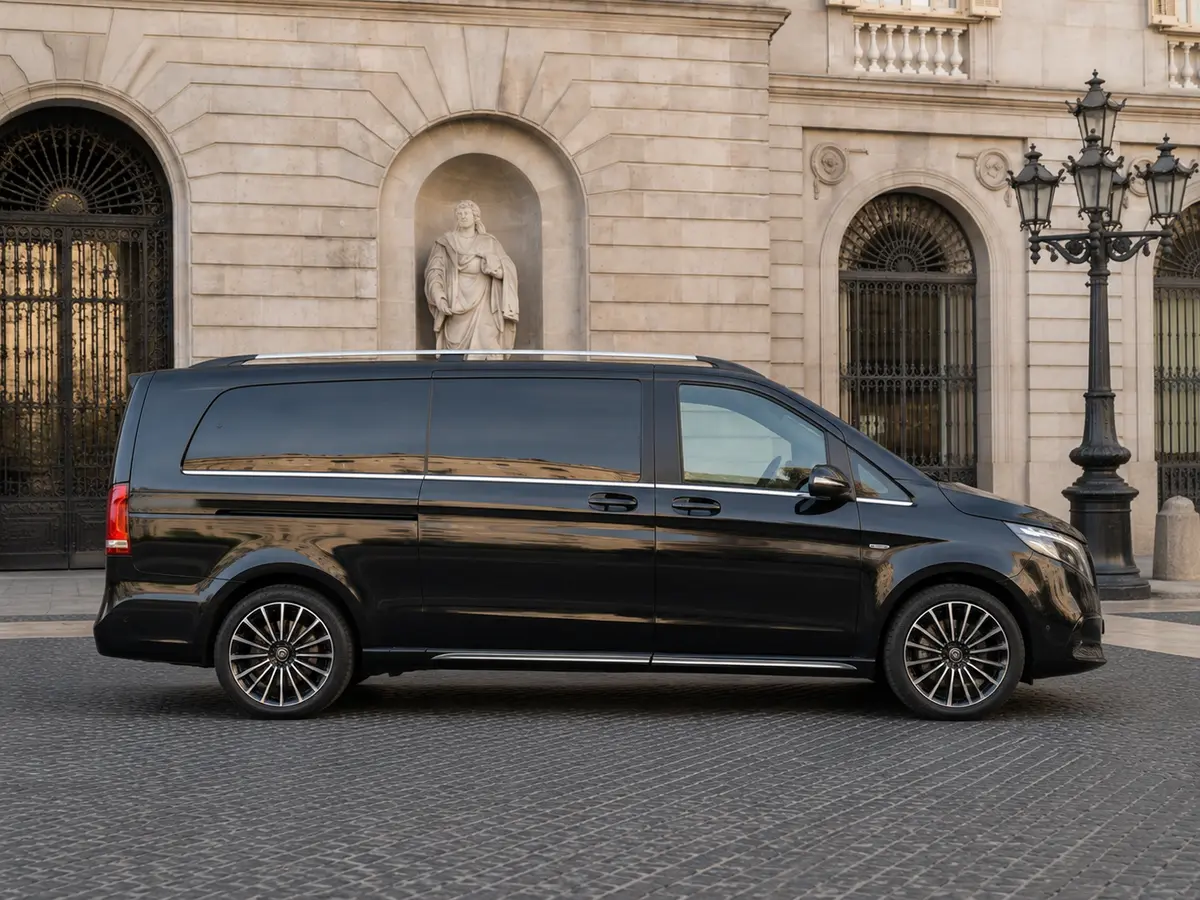 Mercedes Benz V300 4x4 XL Exclusive 7 seats 2025, вид спереди — Rome Luxury Car Rental, Рим. Mercedes-Benz V300 4x4 XL Exclusive 2025 года — это минивэн на 7 мест с полным приводом и…