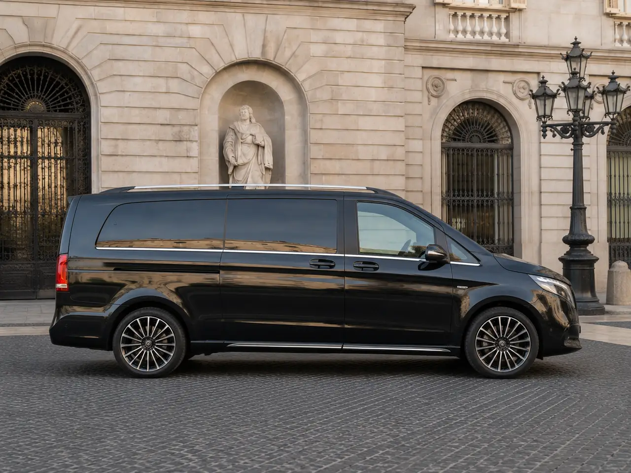 Mercedes Benz V300 4x4 XL Exclusive 7 seats 2025, вид спереди — Rome Luxury Car Rental, Рим. Mercedes-Benz V300 4x4 XL Exclusive 2025 года — это минивэн на 7 мест с полным приводом и…
