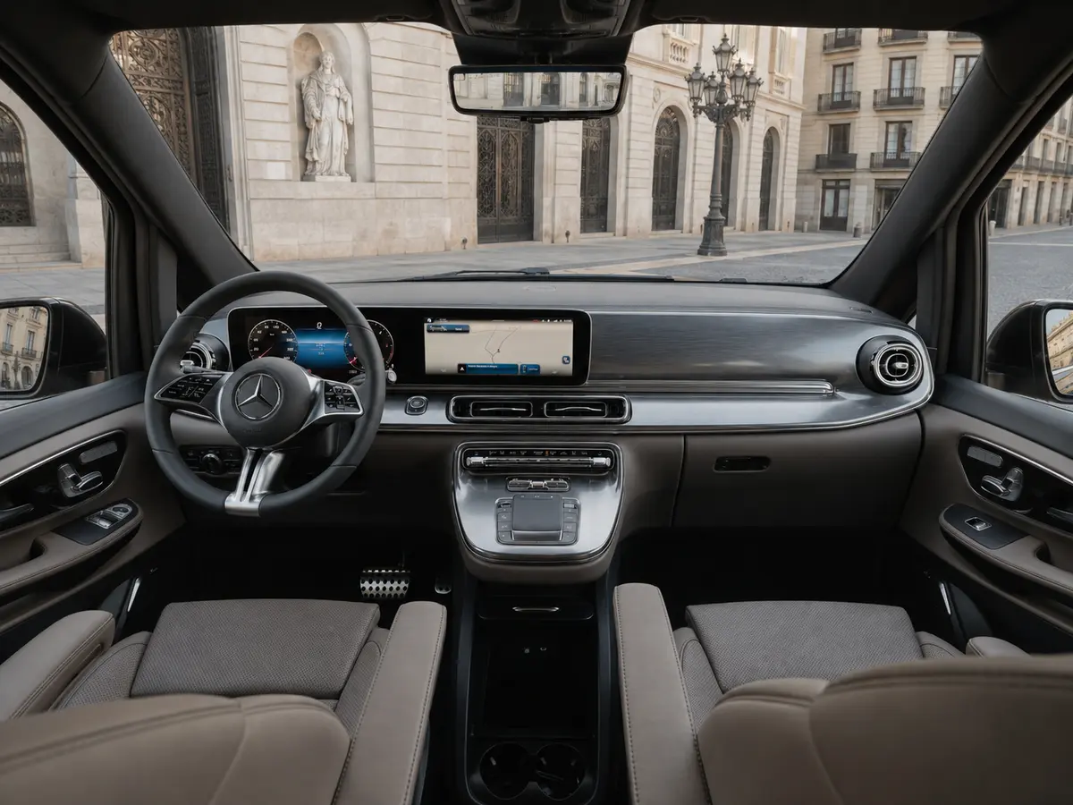 Mercedes Benz V300 4x4 XL Exclusive 7 seats 2025, салон — Rome Luxury Car Rental, Рим. Mercedes-Benz V300 4x4 XL Exclusive 2025 года — это минивэн на 7 мест с полным приводом и…