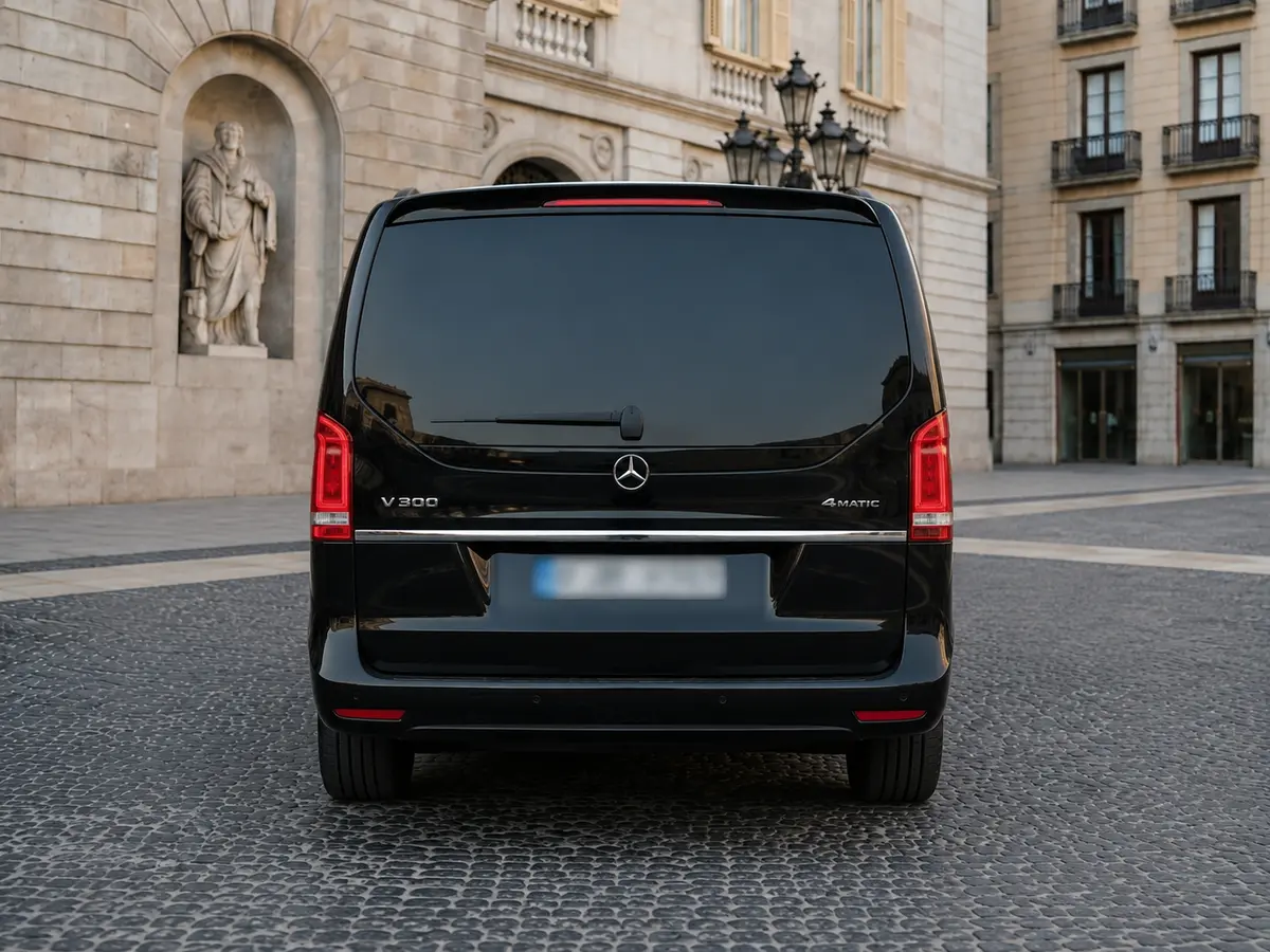 Mercedes Benz V300 4x4 XL VIP (Captain, 7 seat) 2025, vista posteriore — Rome Luxury Car Rental, Roma. Il Mercedes Benz V300 4x4 XL VIP, versione Captain a 7 posti, è la risposta a chi deve…