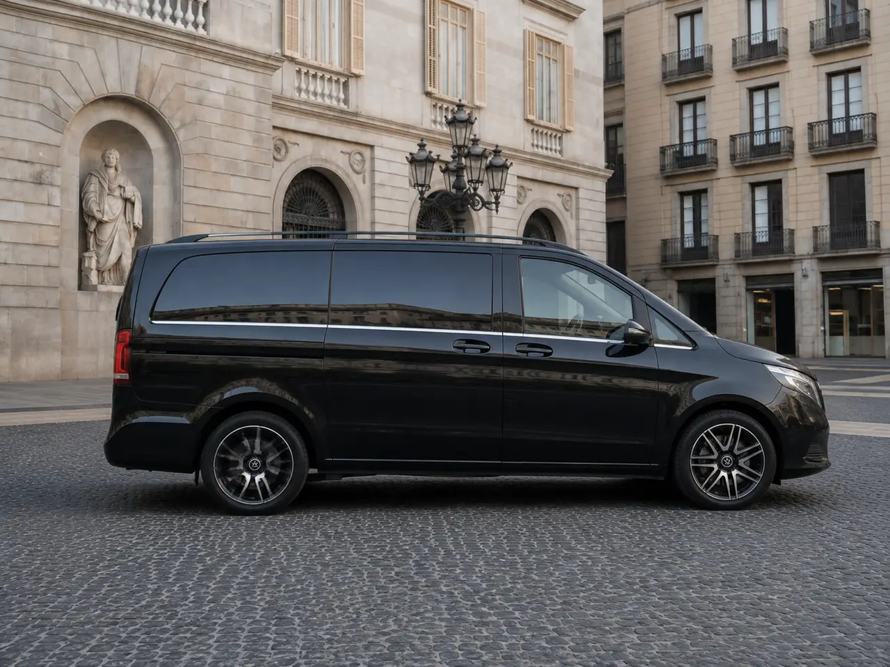 Mercedes Benz V300 8 seats 2025, vista frontal — Rome Luxury Car Rental, Roma. La Mercedes Benz V300 de 2025 responde a una necesidad muy concreta en Roma: mover a un…
