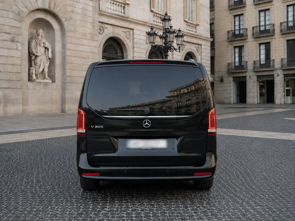 Mercedes Benz V300 8 seats 2025, vista trasera — Rome Luxury Car Rental, Roma. La Mercedes Benz V300 de 2025 responde a una necesidad muy concreta en Roma: mover a un…