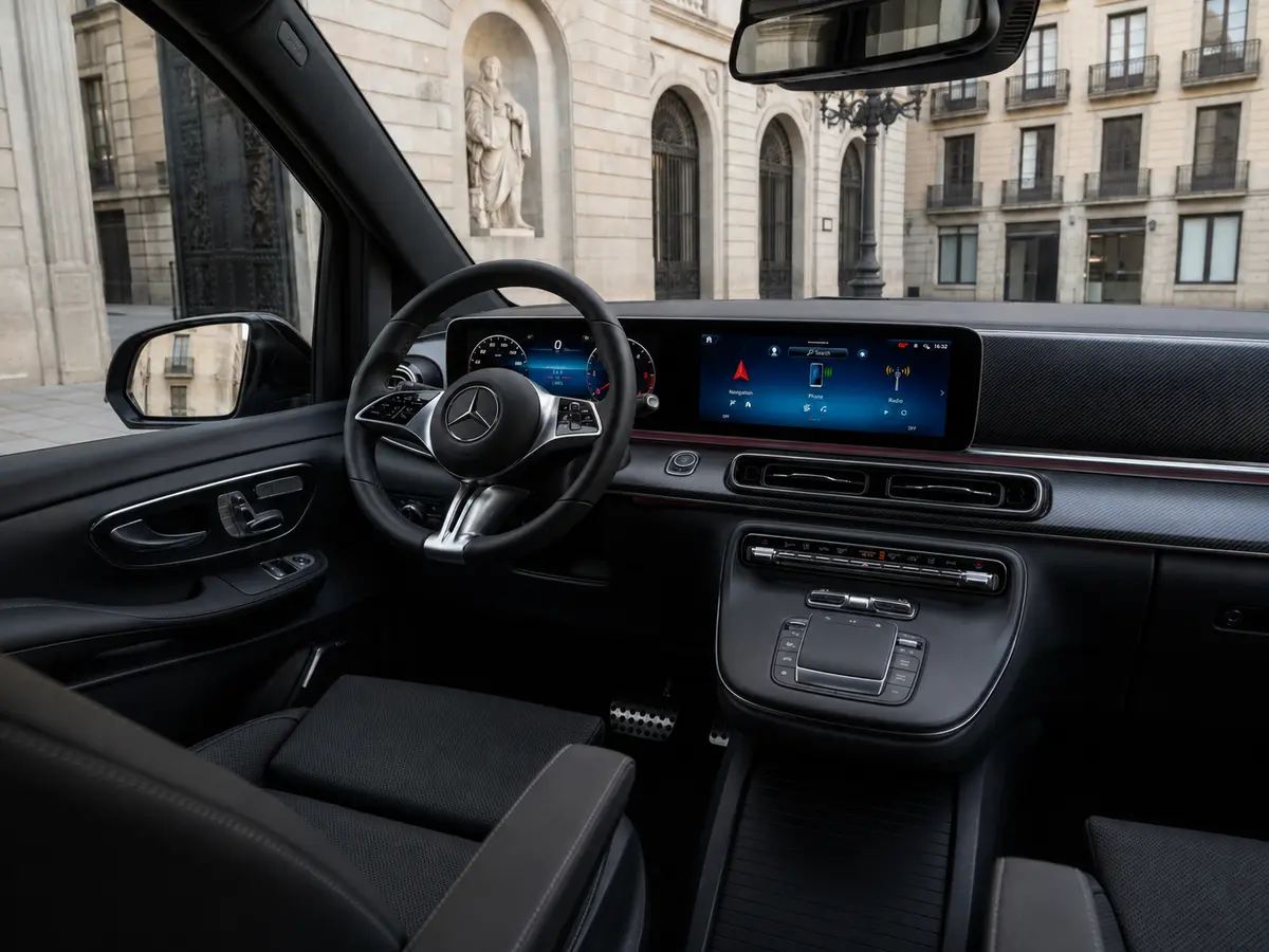 Mercedes Benz V300 8 seats 2025, interior — Rome Luxury Car Rental, Roma. La Mercedes Benz V300 de 2025 responde a una necesidad muy concreta en Roma: mover a un…