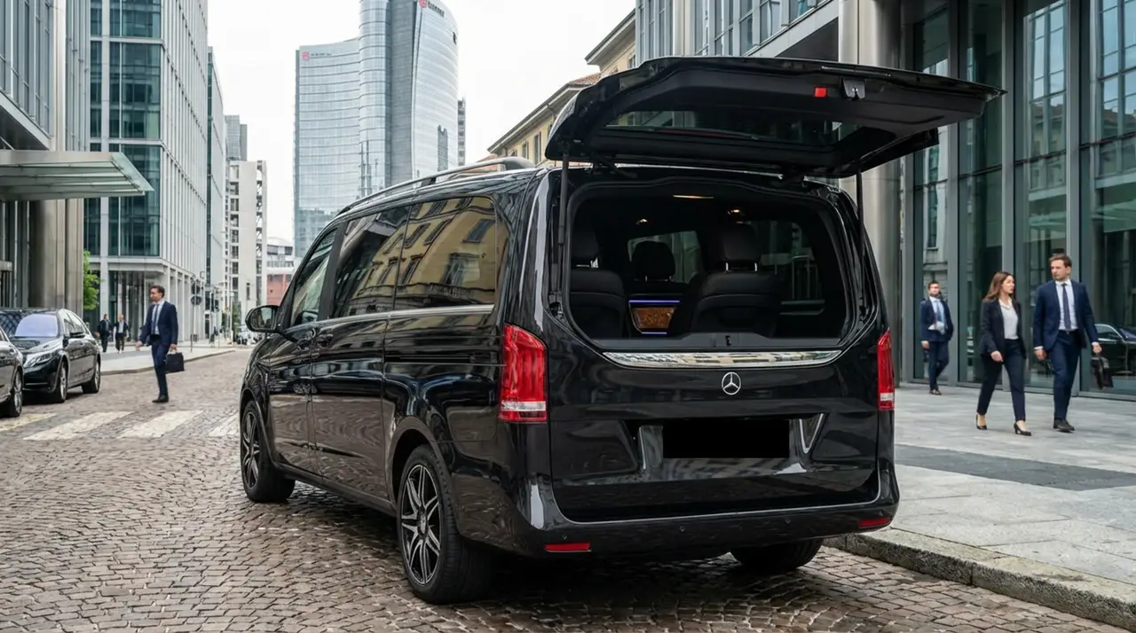 Mercedes V Class 2026, vista posteriore — Rome Luxury Car Rental, Roma. La Mercedes Benz V Class 2026 non punta sulla scatto ma sulla capacità di portare fino a…