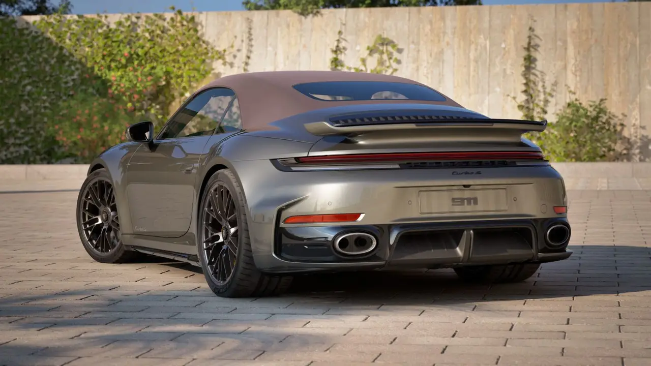 Porsche 911 992 Carrera Turbo S Cabrio 2026, exterior — Rome Luxury Car Rental, Rome. Open-top speed on the road to Tivoli