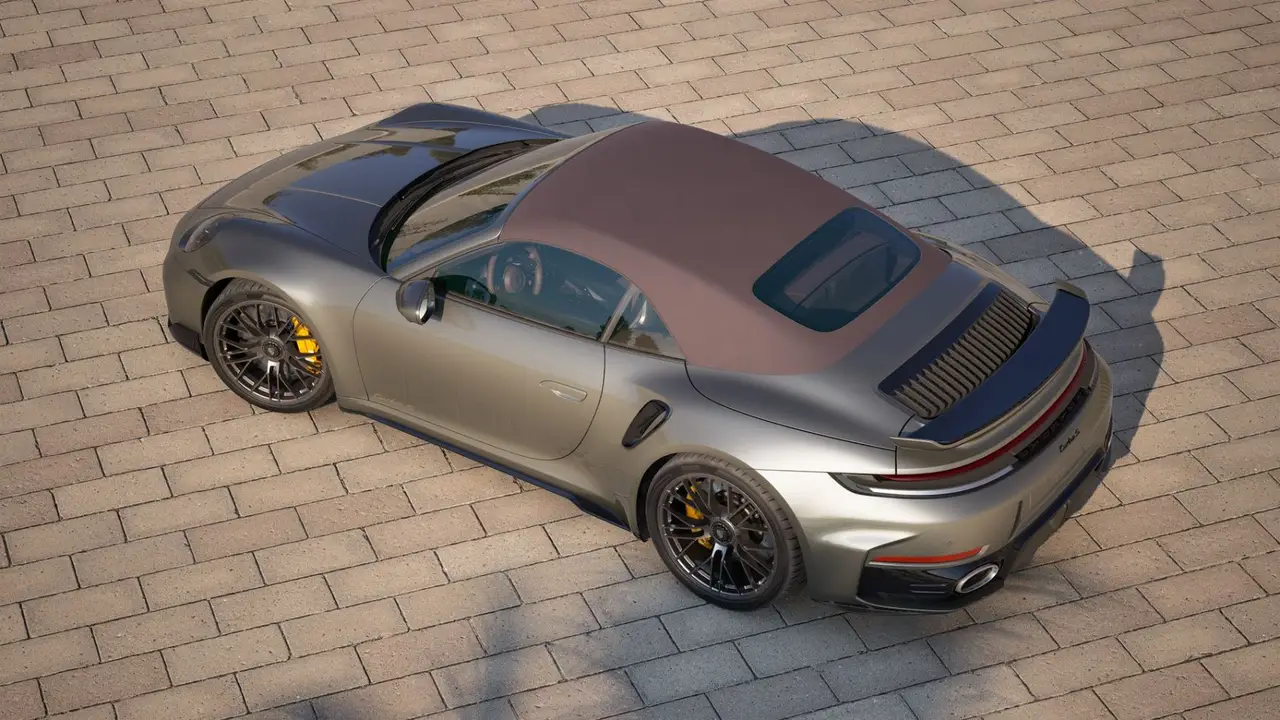 Porsche 911 992 Carrera Turbo S Cabrio 2026, front view — Rome Luxury Car Rental, Rome. Open-top speed on the road to Tivoli