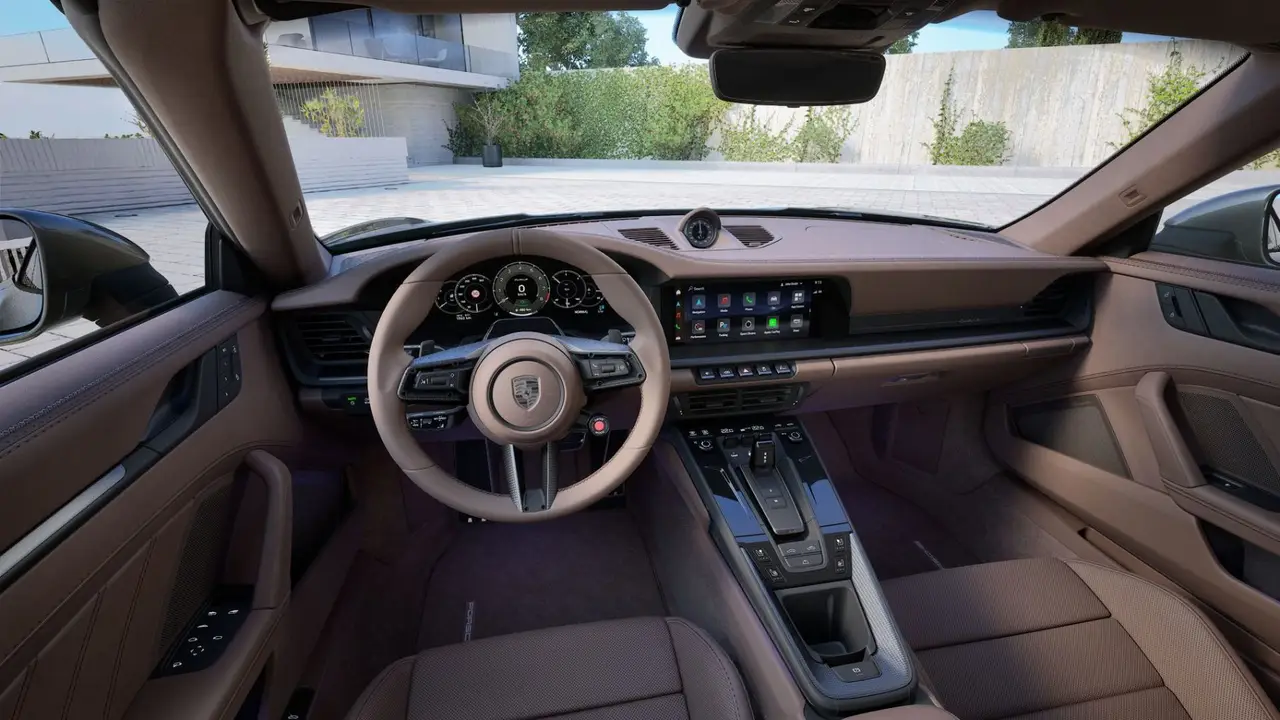 Porsche 911 992 Carrera Turbo S Cabrio 2026, rear view — Rome Luxury Car Rental, Rome. Open-top speed on the road to Tivoli