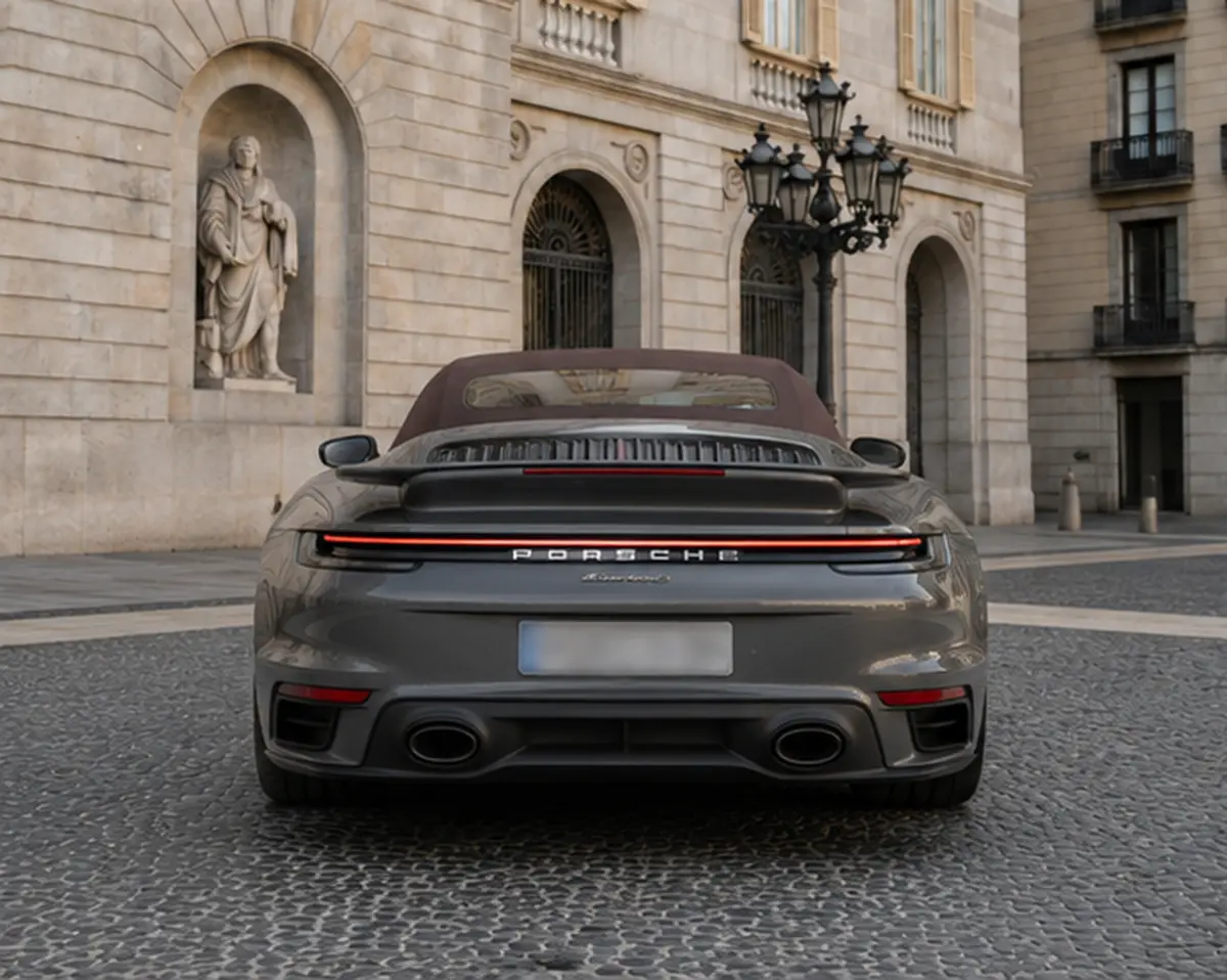 Porsche 911 992 Carrera Turbo S Cabrio 2026, rear view — Rome Luxury Car Rental, Rome. The 2026 Porsche 911 992 Carrera Turbo S Cabrio is one of the most complete open-top…