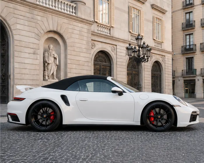 Porsche 911 Carrera S Cabrio (992) 2025, вид спереди — Rome Luxury Car Rental, Рим. 2025 Porsche 911 Carrera S Cabrio (992) — кабриолет с отдачей 480 л.с. и четырьмя…