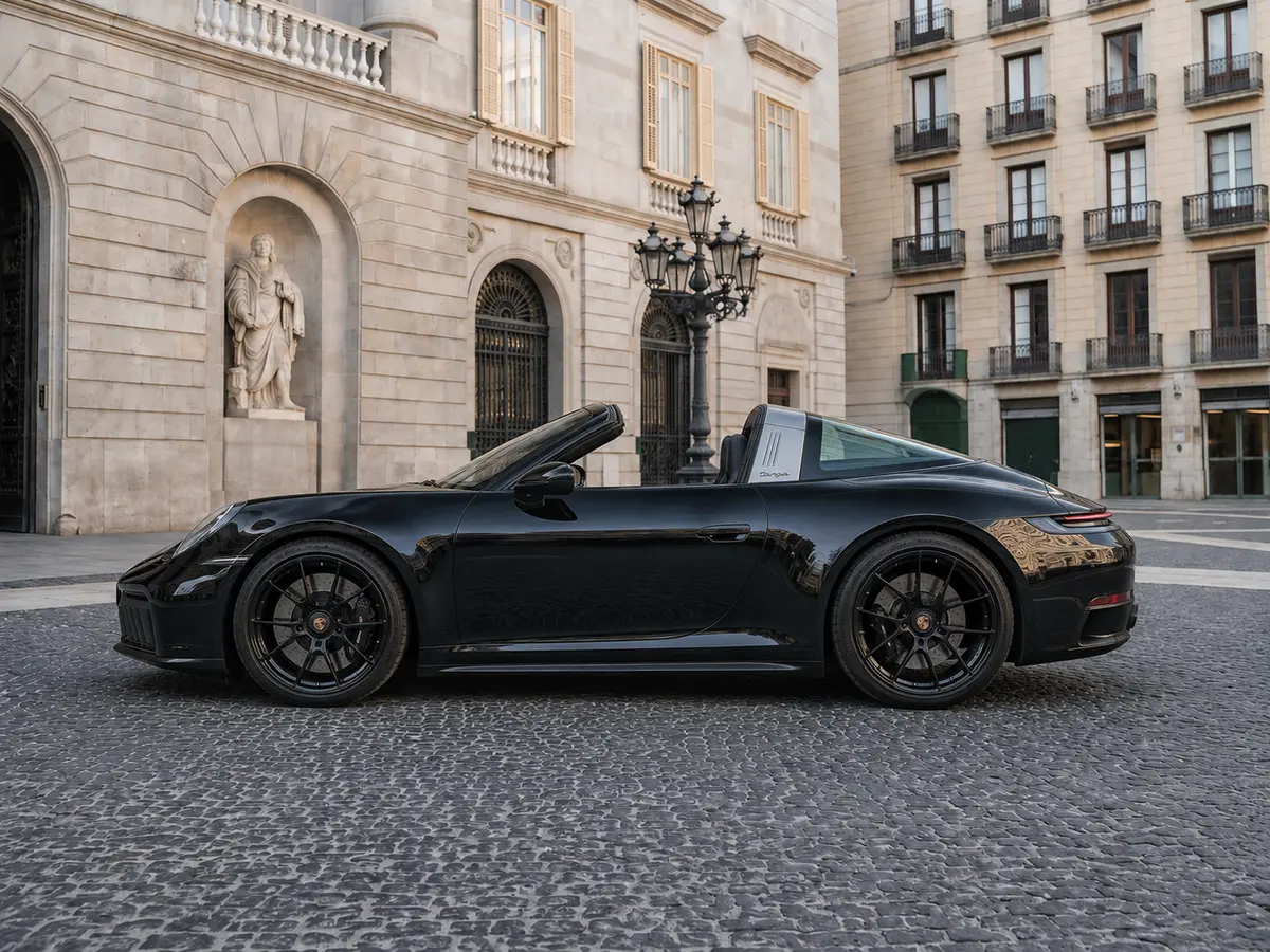 Porsche 911 Targa 2025, esterno — Rome Luxury Car Rental, Roma. La Porsche 911 Targa 2025 porta in dote quella configurazione a tetto apribile che resta…