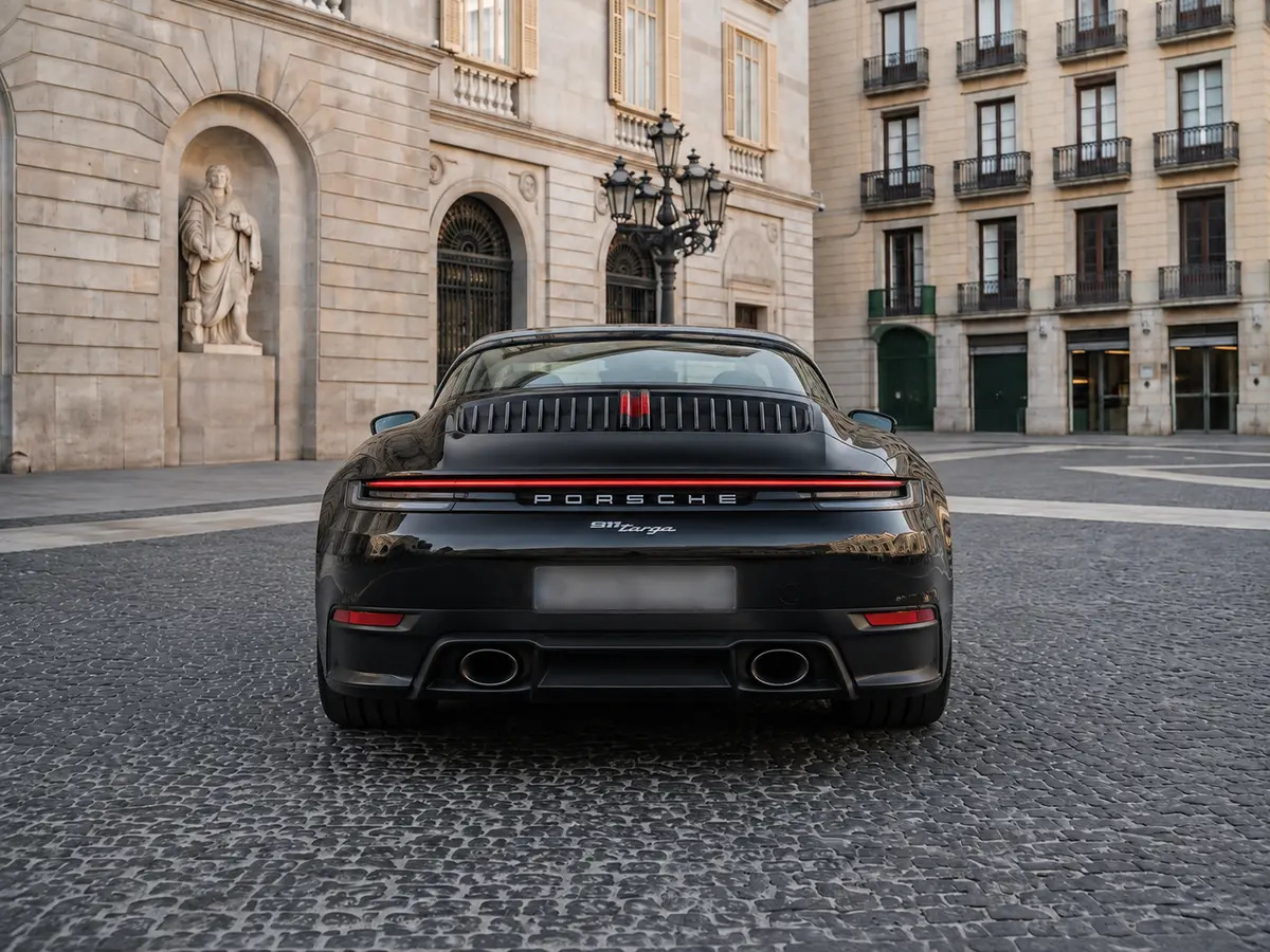 Porsche 911 Targa 2025, vista posteriore — Rome Luxury Car Rental, Roma. La Porsche 911 Targa 2025 porta in dote quella configurazione a tetto apribile che resta…