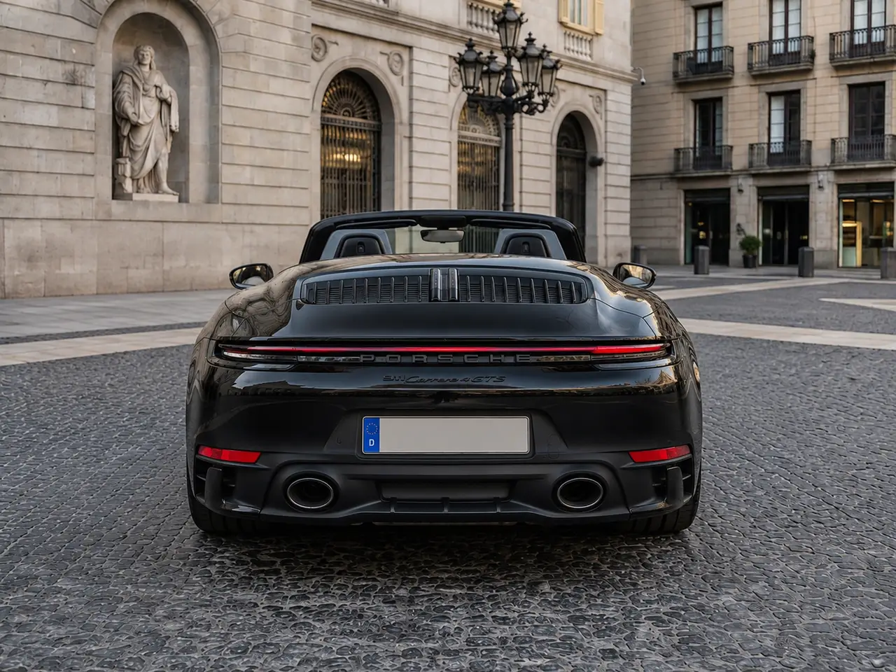 Porsche 992 Carrera 4 GTS Cabrio 2024, vista trasera — Rome Luxury Car Rental, Roma. El Porsche 992 Carrera 4 GTS Cabrio de 2024 reúne 480 CV con tracción integral, una…