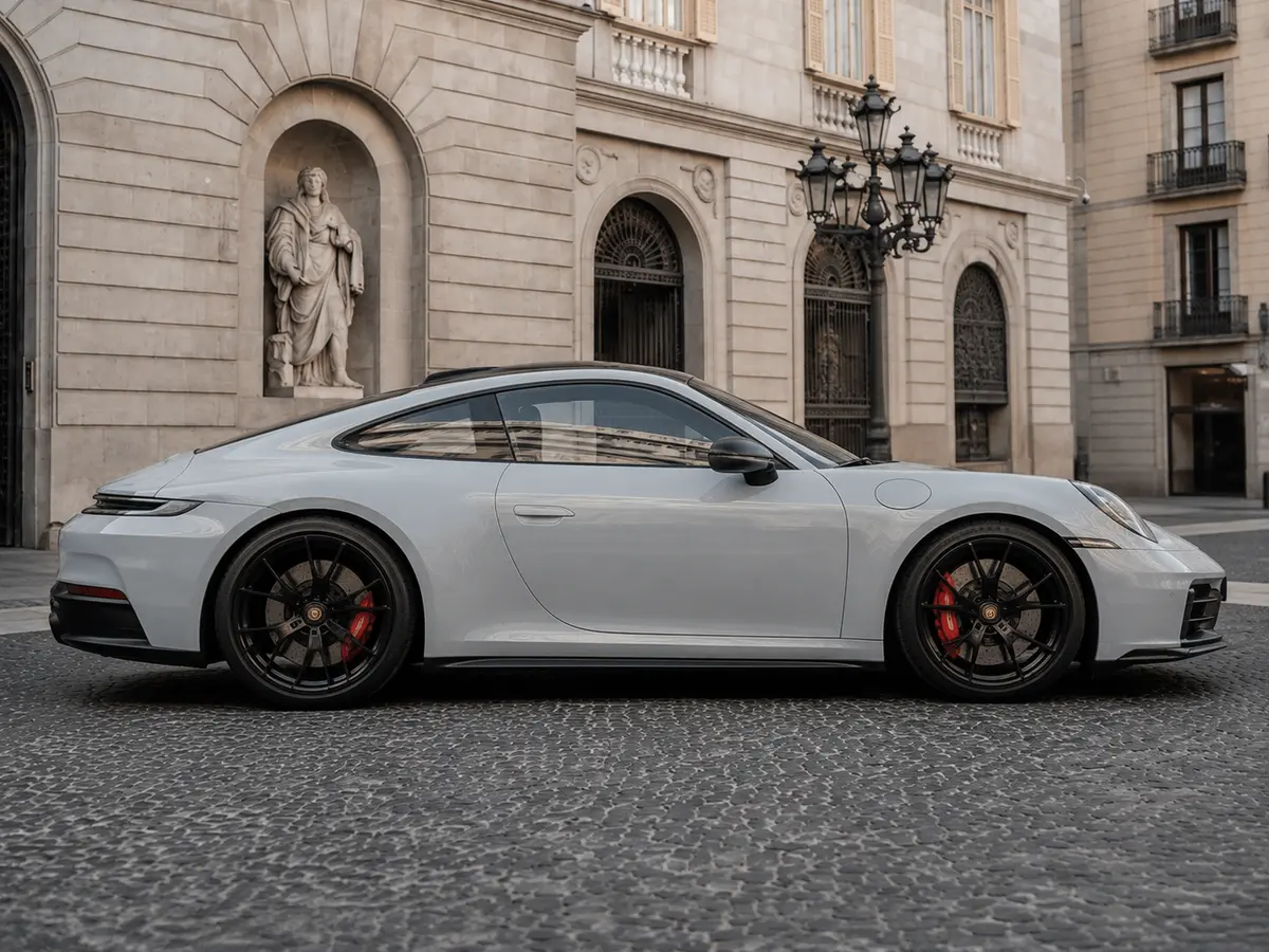 Porsche Carrera Spyder 992,2 GTS 2025, vista frontal — Rome Luxury Car Rental, Roma. El Porsche Carrera Spyder 992.2 GTS combina 541 CV con una carrocería descapotable de…