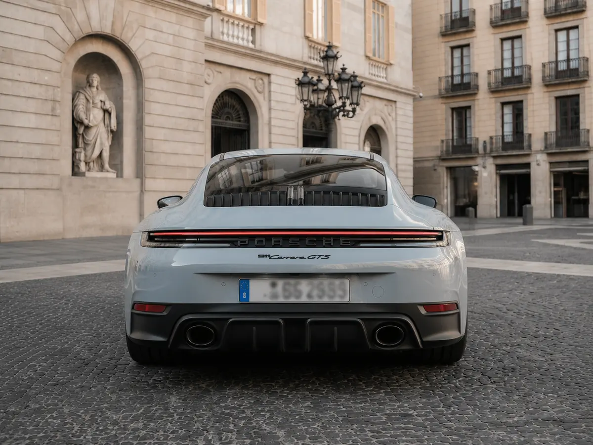Porsche Carrera Spyder 992,2 GTS 2025, vista trasera — Rome Luxury Car Rental, Roma. El Porsche Carrera Spyder 992.2 GTS combina 541 CV con una carrocería descapotable de…