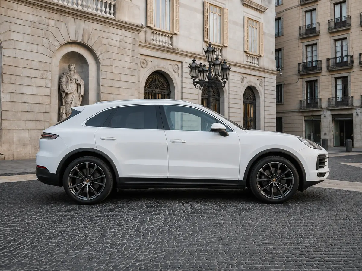 Porsche Cayenne 2025, vista frontale — Rome Luxury Car Rental, Roma. Il Porsche Cayenne 2025 porta nell'uso quotidiano l'assetto sportivo tipico del marchio,…