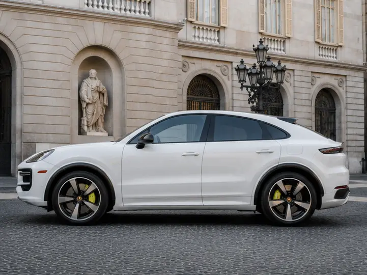 Porsche Cayenne Turbo E-Hybrid Coupé GT 2026, esterno — Rome Luxury Car Rental, Roma. La Porsche Cayenne Turbo E-Hybrid Coupé GT 2026 unisce la struttura di un SUV a cinque…