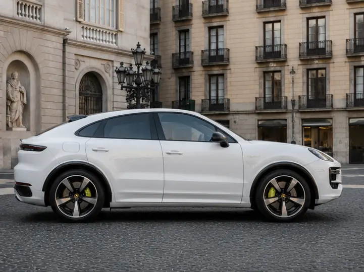 Porsche Cayenne Turbo E-Hybrid Coupé GT 2026, vista frontale — Rome Luxury Car Rental, Roma. La Porsche Cayenne Turbo E-Hybrid Coupé GT 2026 unisce la struttura di un SUV a cinque…
