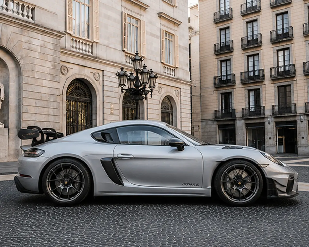 Porsche GT4 RS 2024, vista frontal — Rome Luxury Car Rental, Roma. El Porsche GT4 RS de 2024 es un dos plazas puro, construido para quien quiere sentir la…