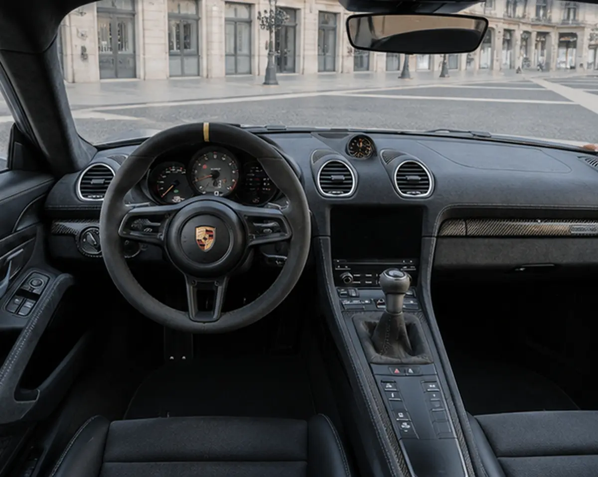 Porsche GT4 RS 2024, interior — Rome Luxury Car Rental, Roma. El Porsche GT4 RS de 2024 es un dos plazas puro, construido para quien quiere sentir la…