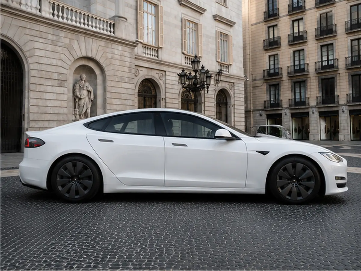 Tesla Model S Plaid 2025, vista frontale — Rome Luxury Car Rental, Roma. La Tesla Model S Plaid porta all'interno del noleggio un registro diverso da quello dei…