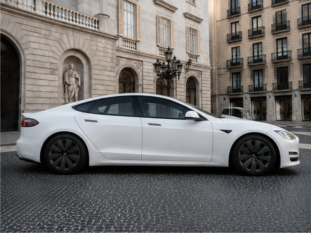 Tesla Model S Plaid 2025, vista frontale — Rome Luxury Car Rental, Roma. La Tesla Model S Plaid porta all'interno del noleggio un registro diverso da quello dei…