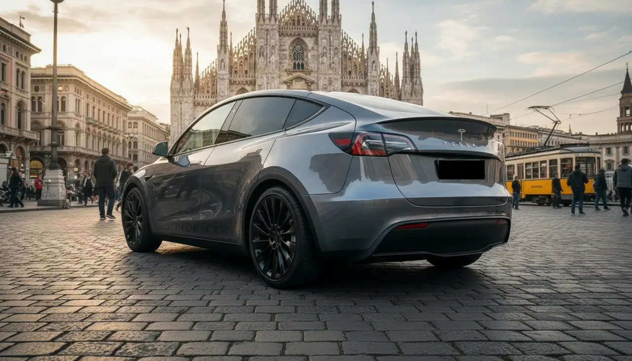 Tesla Model Y Long Range 2023, esterno — Rome Luxury Car Rental, Roma. La Tesla Model Y Long Range unisce la silenziosità della trazione elettrica a una spinta…