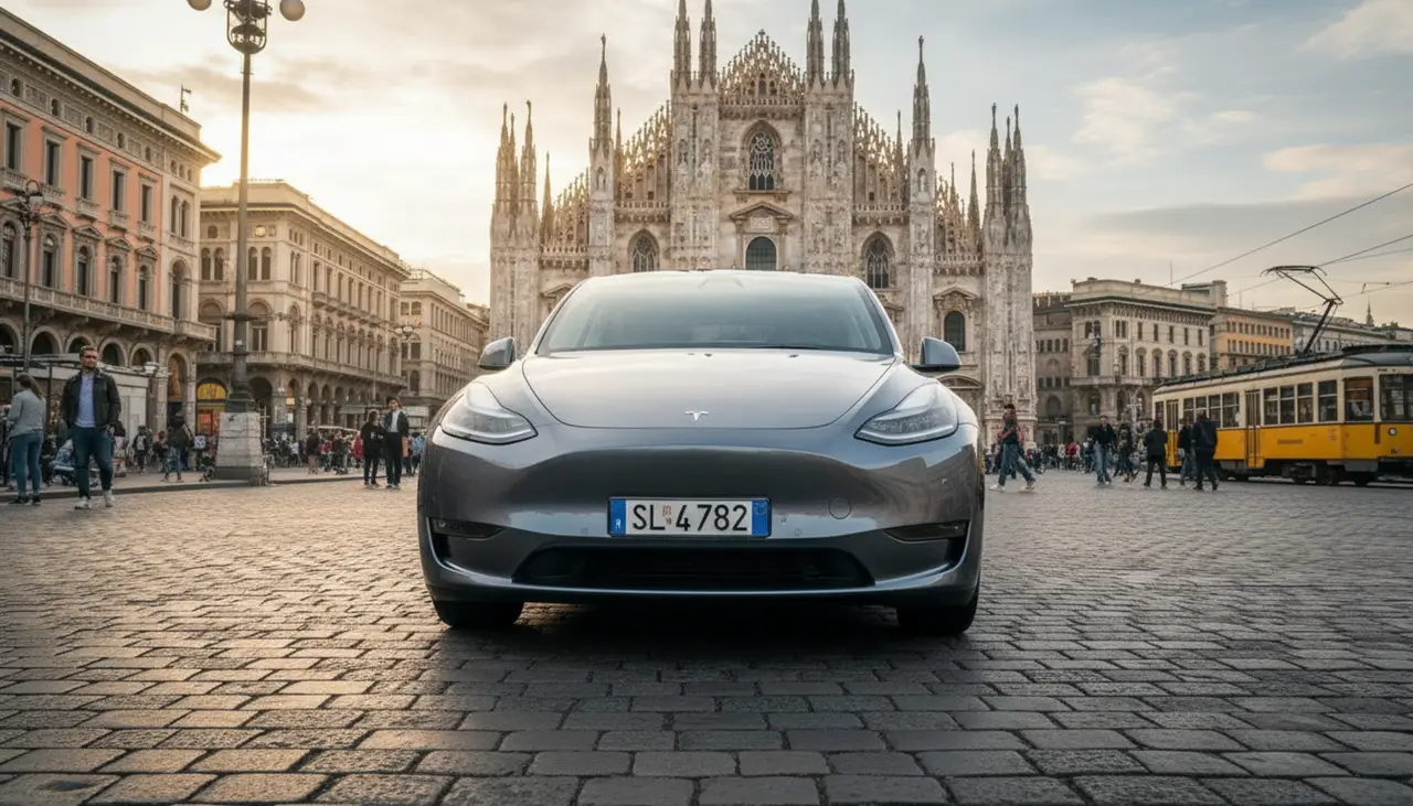 Tesla Model Y Long Range 2023, vista frontale — Rome Luxury Car Rental, Roma. La Tesla Model Y Long Range unisce la silenziosità della trazione elettrica a una spinta…