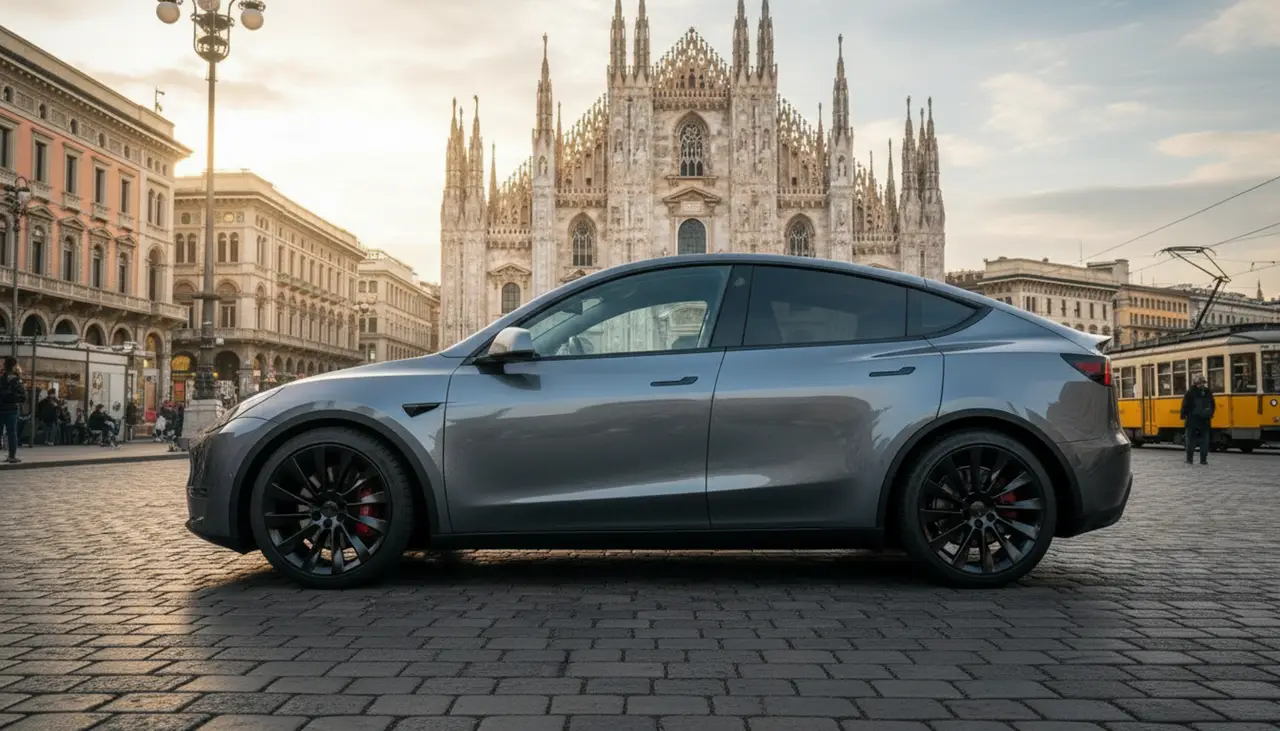 Tesla Model Y Long Range 2023, vista posteriore — Rome Luxury Car Rental, Roma. La Tesla Model Y Long Range unisce la silenziosità della trazione elettrica a una spinta…