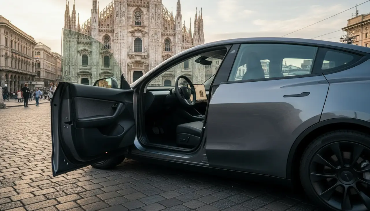 Tesla Model Y Long Range 2023, interni — Rome Luxury Car Rental, Roma. La Tesla Model Y Long Range unisce la silenziosità della trazione elettrica a una spinta…