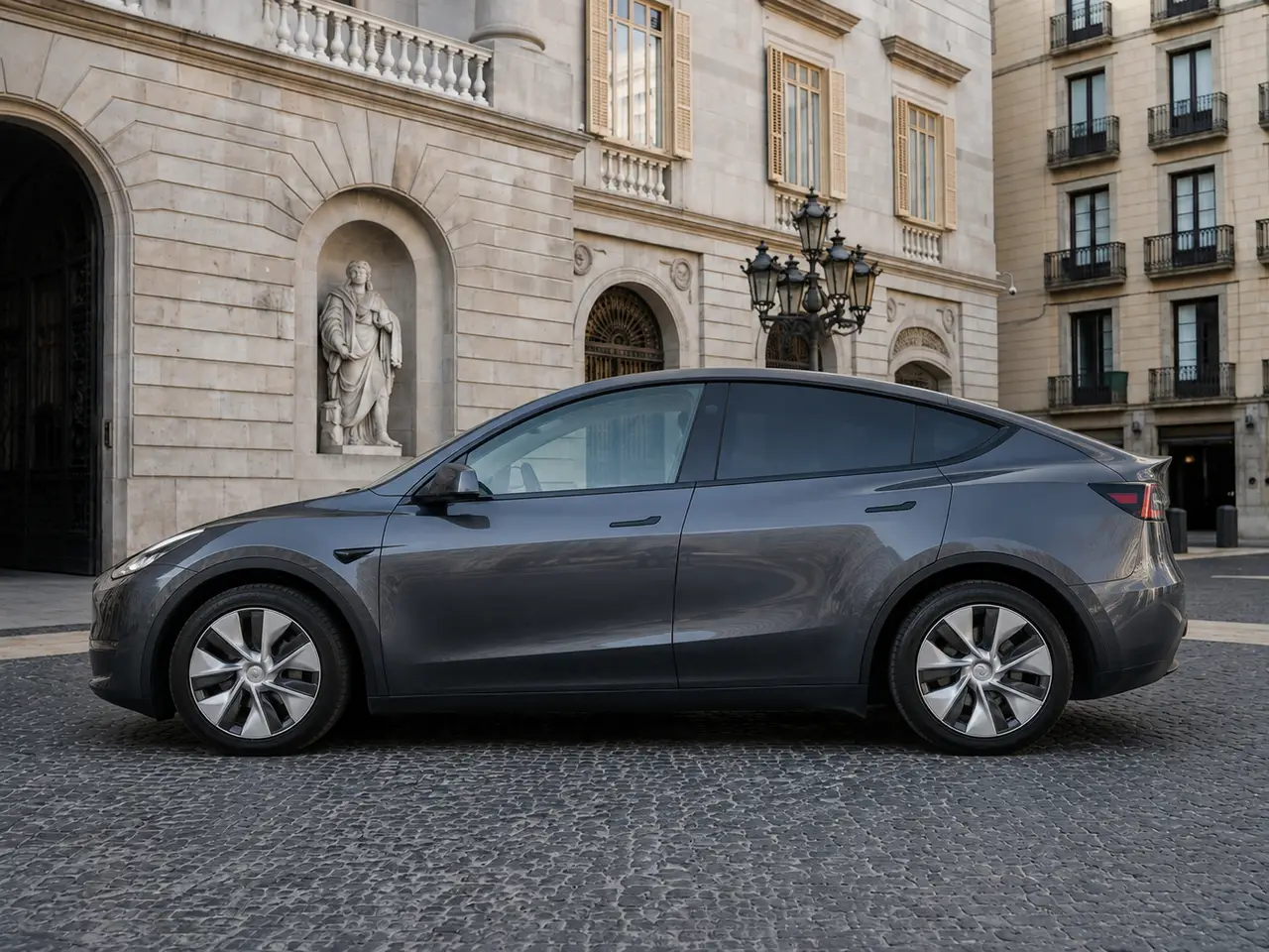 Tesla Model Y Long Range 2023, exterior — Rome Luxury Car Rental, Roma. El Tesla Model Y Long Range de 2023 ofrece una alternativa silenciosa y de tracción…