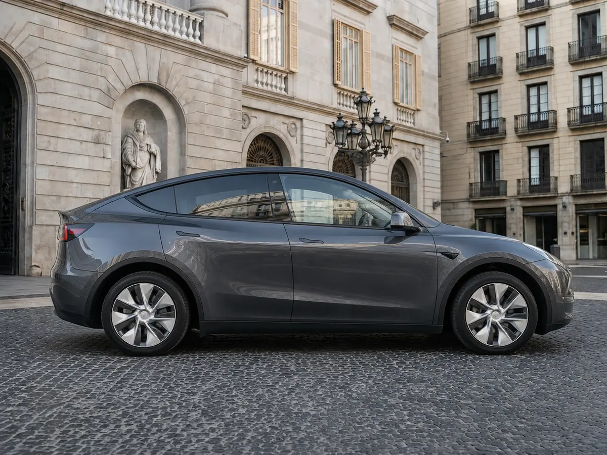 Tesla Model Y Long Range 2023, vista frontal — Rome Luxury Car Rental, Roma. El Tesla Model Y Long Range de 2023 ofrece una alternativa silenciosa y de tracción…