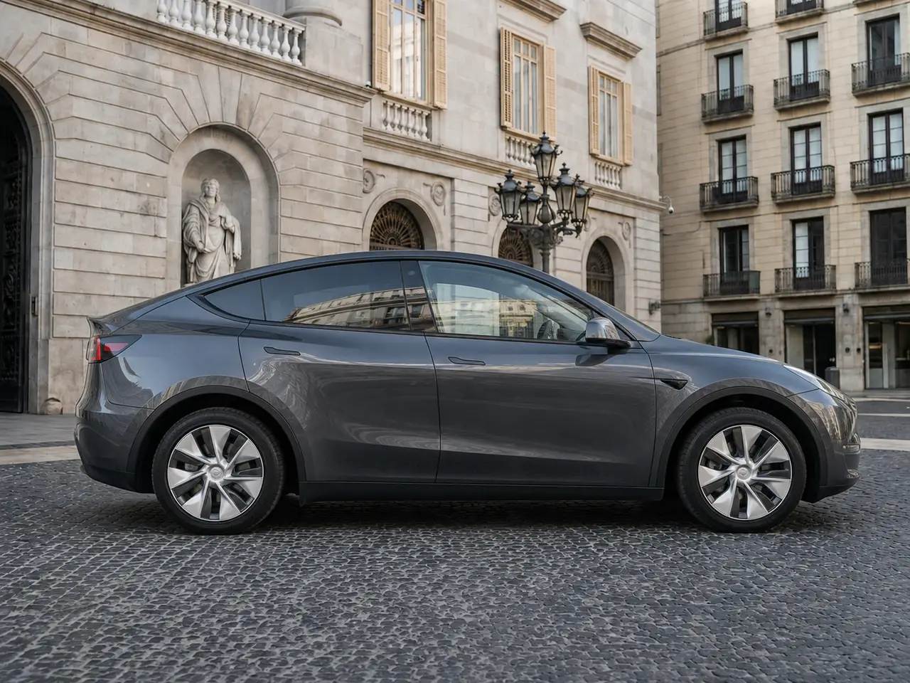 Tesla Model Y Long Range 2023, vista frontal — Rome Luxury Car Rental, Roma. El Tesla Model Y Long Range de 2023 ofrece una alternativa silenciosa y de tracción…
